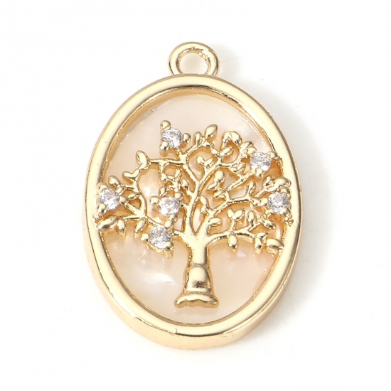 Picture of 1 Piece Shell & Brass Charms 18K Real Gold Plated Oval Tree 20.5mm x 13.5mm