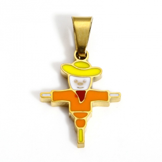 Picture of 1 Piece 304 Stainless Steel Charms 18K Gold Color Halloween Scarecrow Enamel 22mm x 12mm