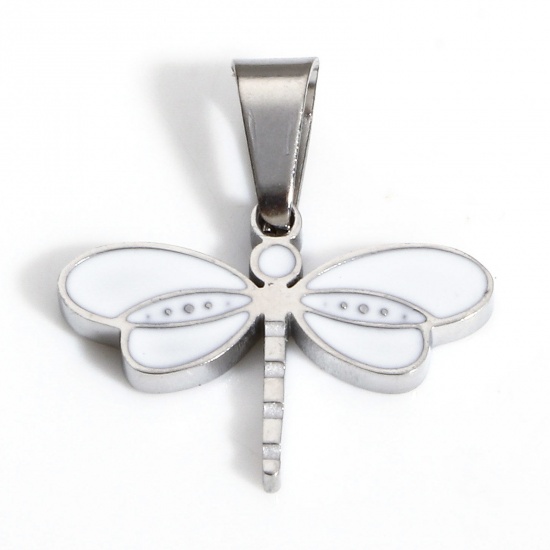 Picture of 1 Piece 304 Stainless Steel Charms Silver Tone Dragonfly Animal Enamel 17mm x 16mm