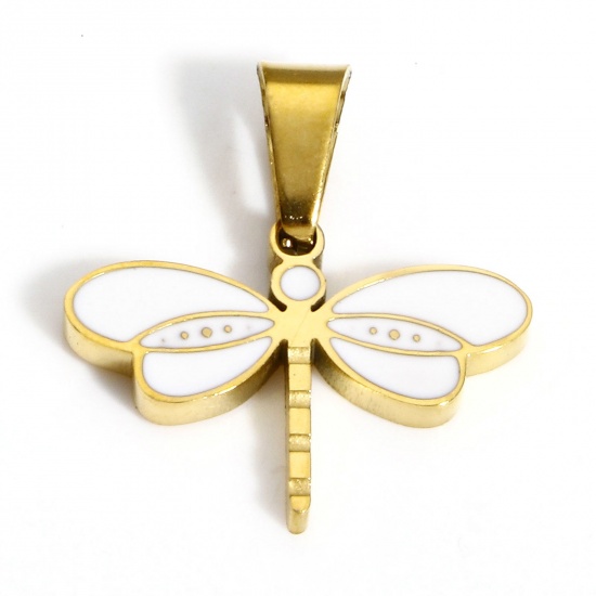 Picture of 1 Piece 304 Stainless Steel Charms 18K Gold Color Dragonfly Animal Enamel 17mm x 16mm
