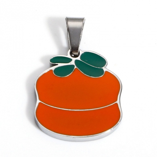 Picture of 1 Piece 304 Stainless Steel Charms Silver Tone Orange Fruit Enamel 22mm x 14mm