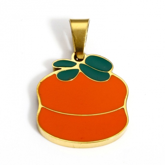Picture of 1 Piece 304 Stainless Steel Charms 18K Gold Color Orange Fruit Enamel 22mm x 14mm