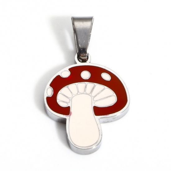 Picture of 1 Piece 304 Stainless Steel Charms Silver Tone Mushroom Enamel 22mm x 12mm