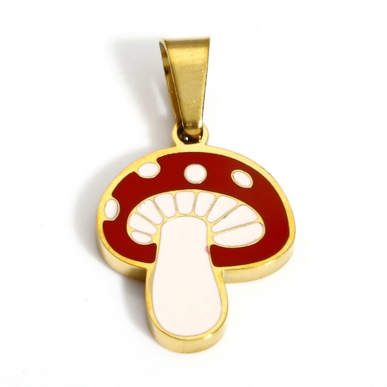 Picture of 1 Piece 304 Stainless Steel Charms 18K Gold Color Mushroom Enamel 22mm x 12mm