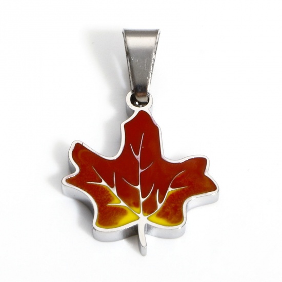 Picture of 1 Piece 304 Stainless Steel Charms Silver Tone Maple Leaf Enamel 22mm x 13mm