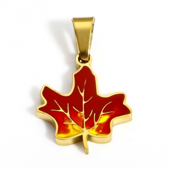 Picture of 1 Piece 304 Stainless Steel Charms 18K Gold Color Maple Leaf Enamel 22mm x 13mm