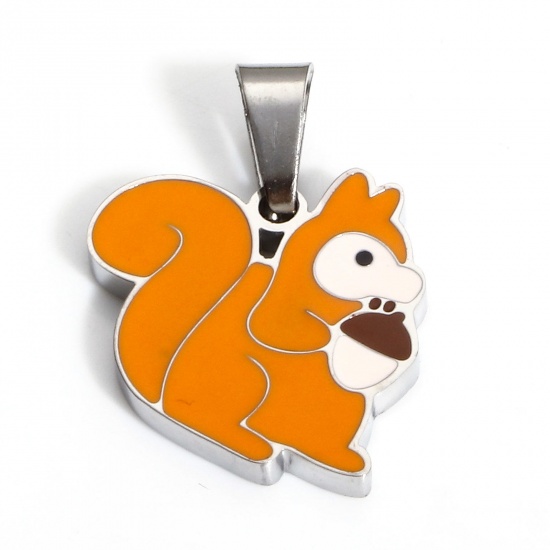 Picture of 1 Piece 304 Stainless Steel Charms Silver Tone Squirrel Animal Enamel 19mm x 15mm