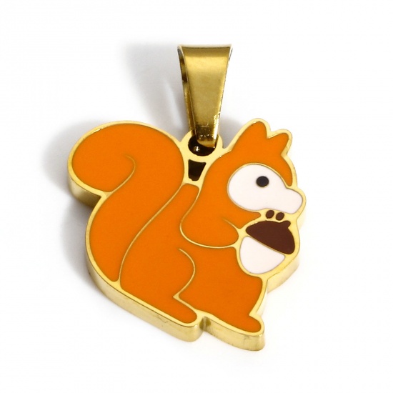 Picture of 1 Piece 304 Stainless Steel Charms 18K Gold Color Squirrel Animal Enamel 19mm x 15mm