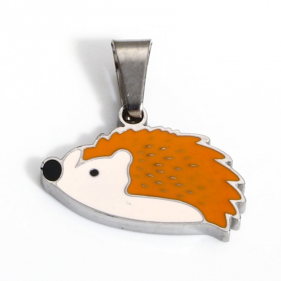 Picture of 1 Piece 304 Stainless Steel Charms Silver Tone Hedgehog Enamel 16mm x 16mm