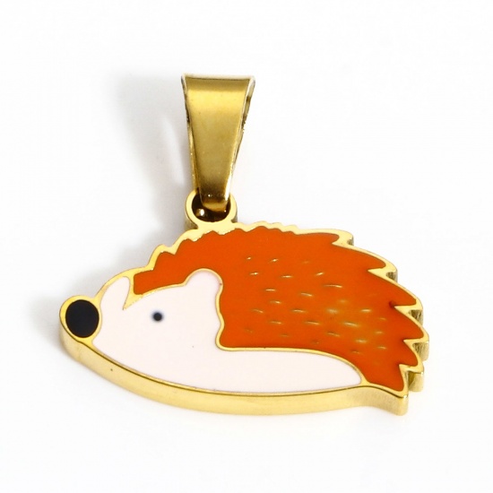 Picture of 1 Piece 304 Stainless Steel Charms 18K Gold Color Hedgehog Enamel 16mm x 16mm