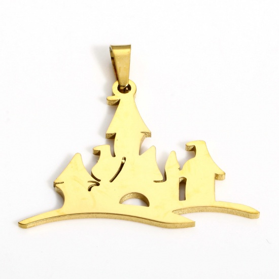 1 個 真空メッキ 304ステンレス鋼 ペンダント ハロウィンお化け屋敷 18Kゴールドメッキ 3.3cm x 3cm、 の画像