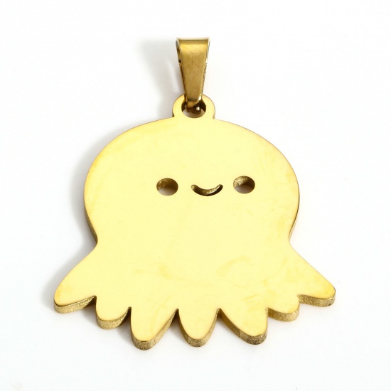 1 個 真空メッキ 304ステンレス鋼 ペンダント ハロウィン幽霊 18Kゴールドメッキ タコ 3.2cm x 2.5cm、 の画像