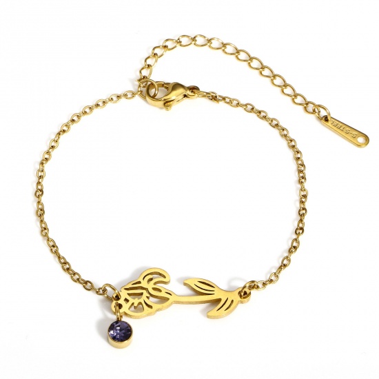 Picture of 1 Piece Vacuum Plating 304 Stainless Steel Birth Month Flower Link Cable Chain Bracelets 18K Gold Color February Iris Flower Purple Rhinestone 16cm(6 2/8") long