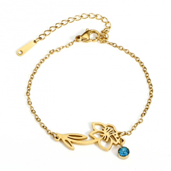 Picture of 1 Piece Vacuum Plating 304 Stainless Steel Birth Month Flower Link Cable Chain Bracelets 18K Gold Color March Narcissus Flower Lake Blue Rhinestone 16cm(6 2/8") long