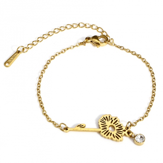 Picture of 1 Piece Vacuum Plating 304 Stainless Steel Birth Month Flower Link Cable Chain Bracelets 18K Gold Color April Daisy Flower Clear Rhinestone 16cm(6 2/8") long