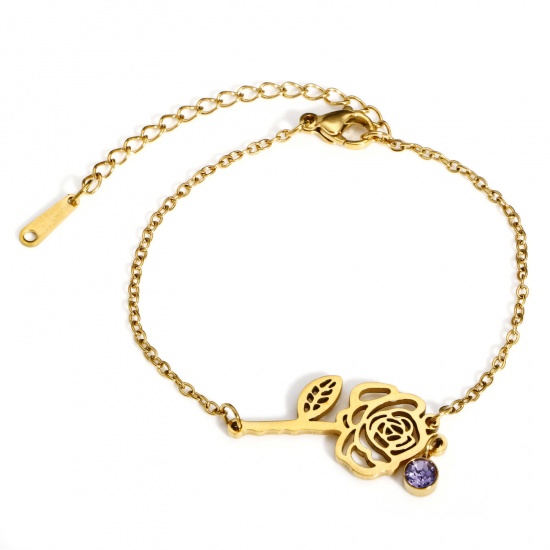 Picture of 1 Piece Vacuum Plating 304 Stainless Steel Birth Month Flower Link Cable Chain Bracelets 18K Gold Color June Rose Flower Mauve Rhinestone 16cm(6 2/8") long