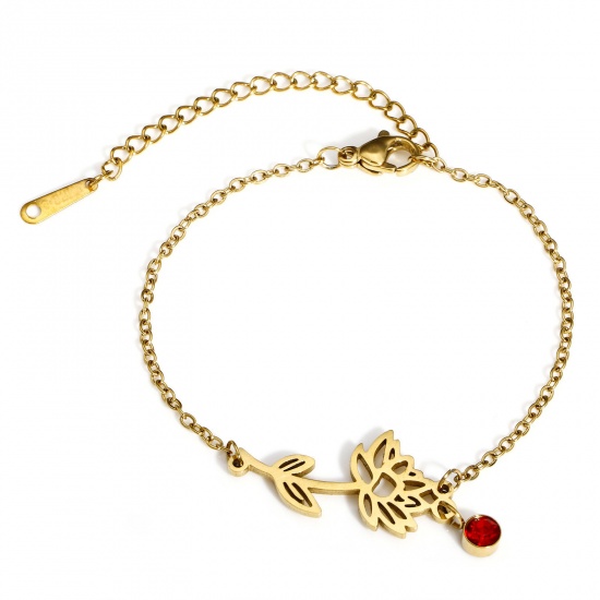 Picture of 1 Piece Vacuum Plating 304 Stainless Steel Birth Month Flower Link Cable Chain Bracelets 18K Gold Color July Water Lily Flower Red Rhinestone 16cm(6 2/8") long