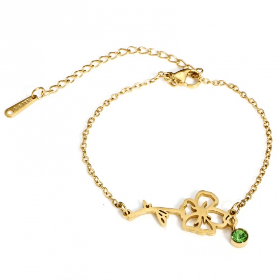 Picture of 1 Piece Vacuum Plating 304 Stainless Steel Birth Month Flower Link Cable Chain Bracelets 18K Gold Color August Poppy Flower Light Green Rhinestone 16cm(6 2/8") long