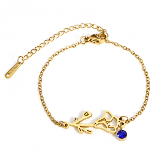 Picture of 1 Piece Vacuum Plating 304 Stainless Steel Birth Month Flower Link Cable Chain Bracelets 18K Gold Color September Morning Glory Flower Royal Blue Rhinestone 16cm(6 2/8") long