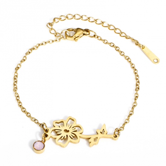 Picture of 1 Piece Vacuum Plating 304 Stainless Steel Birth Month Flower Link Cable Chain Bracelets 18K Gold Color October Cosmos Flower Pink Rhinestone 16cm(6 2/8") long