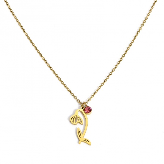 Picture of 1 Piece Vacuum Plating 304 Stainless Steel Birth Month Flower Link Cable Chain Necklace 18K Gold Plated January Snowdrop Flower Fuchsia Rhinestone 44cm(17 3/8") long