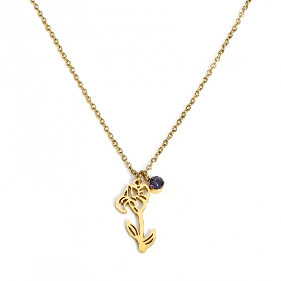 Picture of 1 Piece Vacuum Plating 304 Stainless Steel Birth Month Flower Link Cable Chain Necklace 18K Gold Plated February Iris Flower Purple Rhinestone 44cm(17 3/8") long