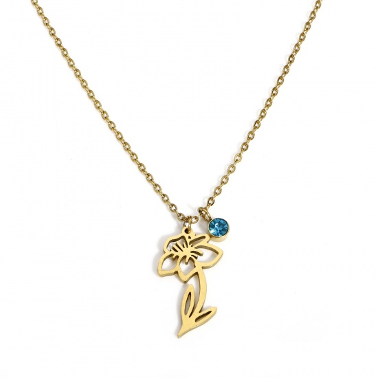 Picture of 1 Piece Vacuum Plating 304 Stainless Steel Birth Month Flower Link Cable Chain Necklace 18K Gold Plated March Narcissus Flower Lake Blue Rhinestone 44cm(17 3/8") long