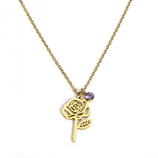 Picture of 1 Piece Eco-friendly PVD Vacuum Plating Exquisite Birth Month Flower 18K Gold Plated 304 Stainless Steel Link Cable Chain June Rose Flower Necklace For Women Gift 44cm(17.3") long