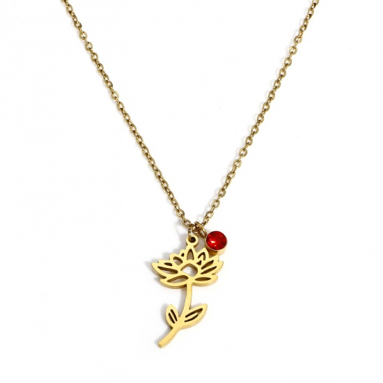 Picture of 1 Piece Eco-friendly PVD Vacuum Plating Exquisite Birth Month Flower 18K Gold Plated 304 Stainless Steel Link Cable Chain July Water Lily Flower Necklace For Women Gift 44cm(17.3") long