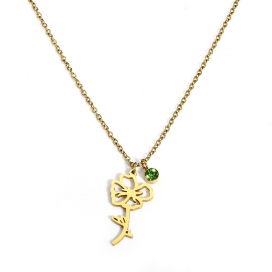 Picture of 1 Piece Vacuum Plating 304 Stainless Steel Birth Month Flower Link Cable Chain Necklace 18K Gold Plated August Poppy Flower Light Green Rhinestone 44cm(17 3/8") long