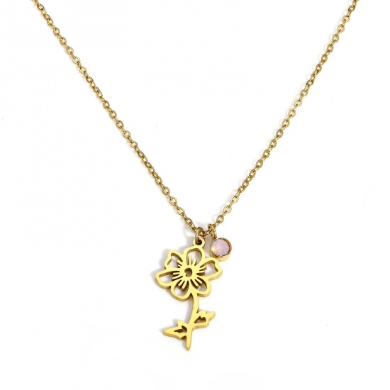 Picture of 1 Piece Vacuum Plating 304 Stainless Steel Birth Month Flower Link Cable Chain Necklace 18K Gold Plated October Cosmos Flower Pink Rhinestone 44cm(17 3/8") long