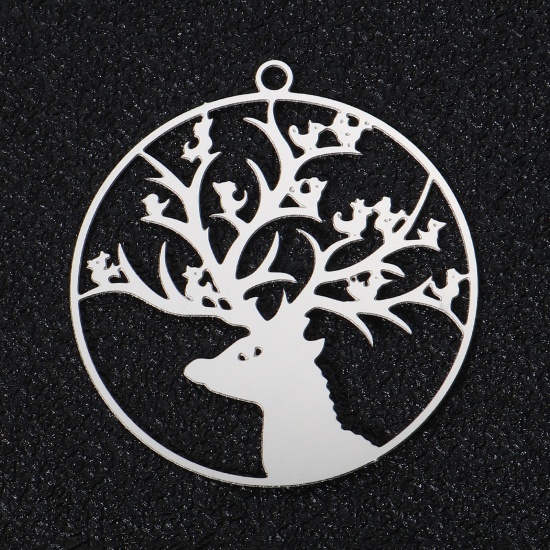 Image de 5 Pcs Pendentifs en 304 Acier Inoxydable Estampe en Filigrane Rond Argent Mat Renne de Noël Creux 41mm x 38mm