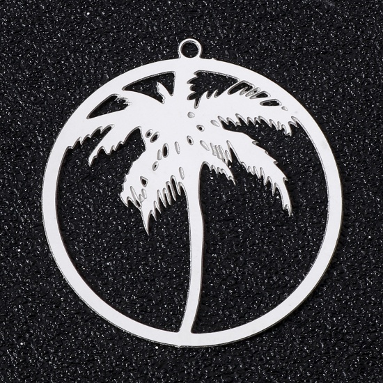 Image de 5 Pcs Pendentifs en 304 Acier Inoxydable Estampe en Filigrane Rond Argent Mat Cocotier Creux 32mm x 30mm