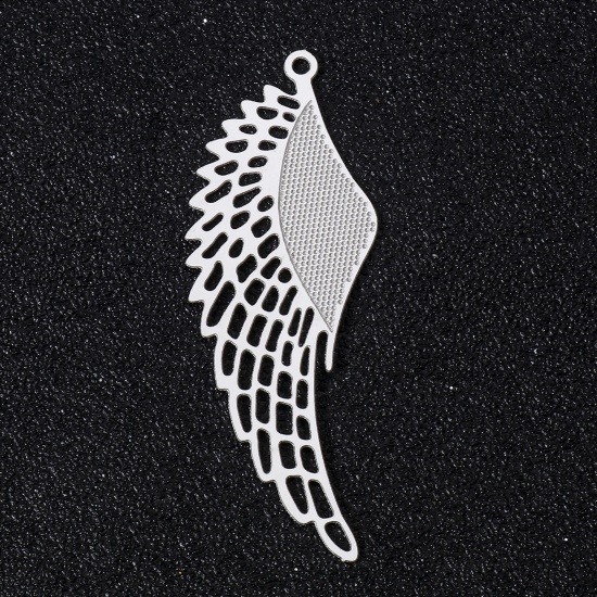 Picture of 5 PCs 304 Stainless Steel Filigree Stamping Pendants Silver Tone Wing Hollow 50mm x 18mm