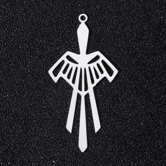 Picture of 5 PCs 304 Stainless Steel Filigree Stamping Pendants Silver Tone Bird Animal Hollow 44mm x 21mm