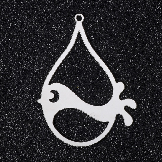 Picture of 5 PCs 304 Stainless Steel Filigree Stamping Pendants Silver Tone Oval Hollow 40mm x 30mm