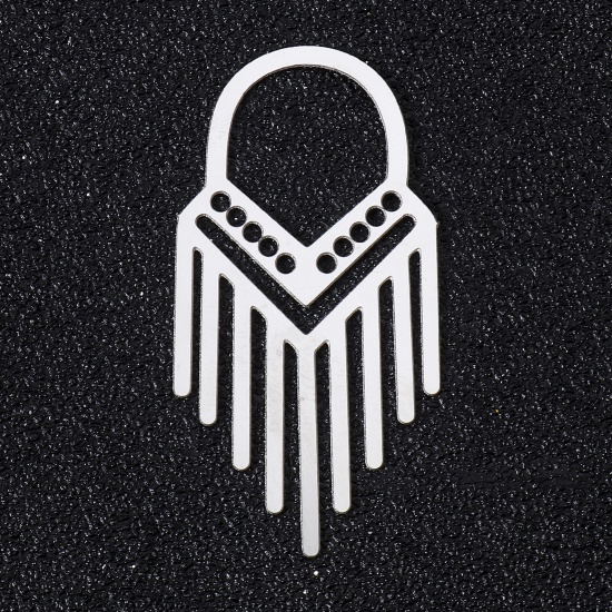 Picture of 5 PCs 304 Stainless Steel Filigree Stamping Pendants Silver Tone Geometric Hollow 40mm x 20mm