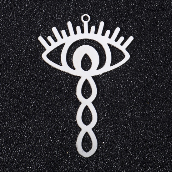 Picture of 5 PCs 304 Stainless Steel Filigree Stamping Pendants Silver Tone Eye Hollow 45mm x 30mm