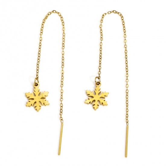 Picture of 1 Pair 304 Stainless Steel Ear Thread Threader Earrings Gold Plated Christmas Snowflake 11.8cm x
