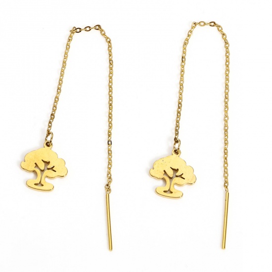 Picture of 1 Pair 304 Stainless Steel Flora Collection Ear Thread Threader Earrings Gold Plated Tree 10.5cm x