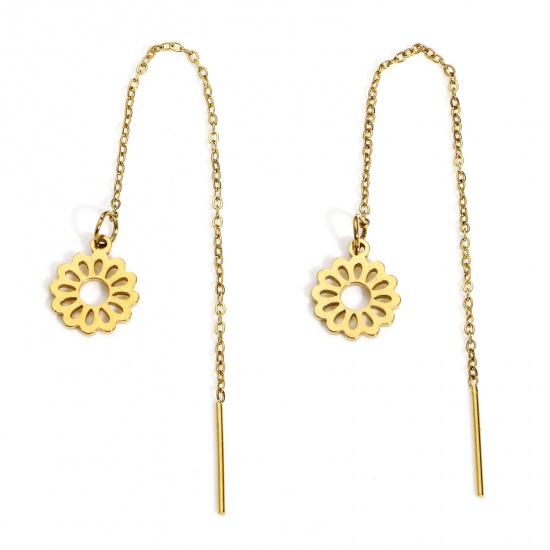 Picture of 1 Pair 304 Stainless Steel Flora Collection Ear Thread Threader Earrings Gold Plated Daisy Flower 10.2cm x