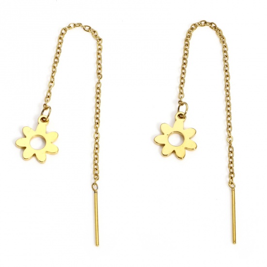 Picture of 1 Pair 304 Stainless Steel Flora Collection Ear Thread Threader Earrings Gold Plated Flower 10.2cm x