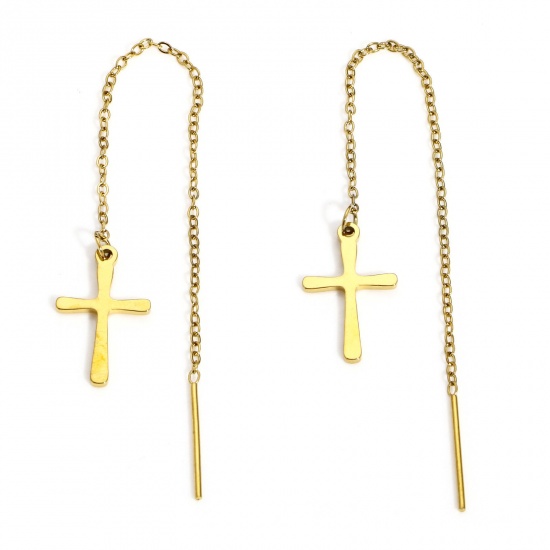 Picture of 1 Pair 304 Stainless Steel Religious Ear Thread Threader Earrings Gold Plated Cross 10.6cm x