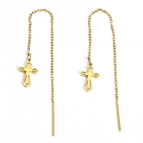Picture of 1 Pair 304 Stainless Steel Religious Ear Thread Threader Earrings Gold Plated Cross 10.2cm x