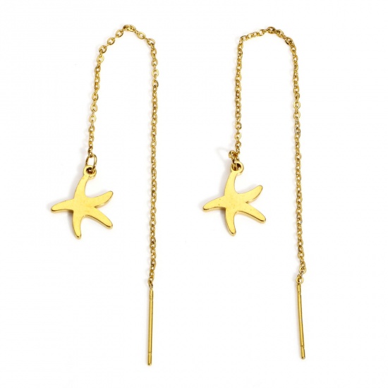 Picture of 1 Pair 304 Stainless Steel Ocean Jewelry Ear Thread Threader Earrings Gold Plated Star Fish 10.8cm x