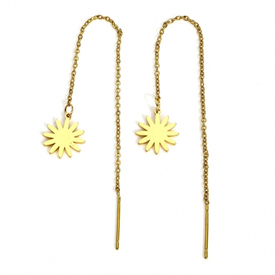 Picture of 1 Pair 304 Stainless Steel Galaxy Ear Thread Threader Earrings Gold Plated Sun 10.6cm x