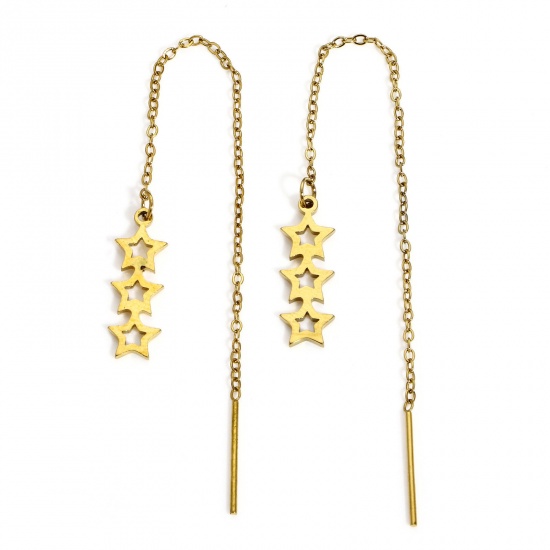 Picture of 1 Pair 304 Stainless Steel Galaxy Ear Thread Threader Earrings Gold Plated Pentagram Star 10.8cm x