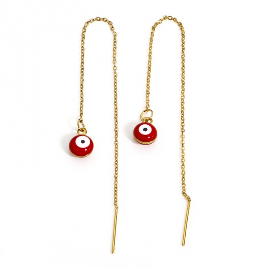 Picture of 1 Pair 304 Stainless Steel Religious Ear Thread Threader Earrings Gold Plated Red Round Evil Eye Double-sided Enamel 10cm x