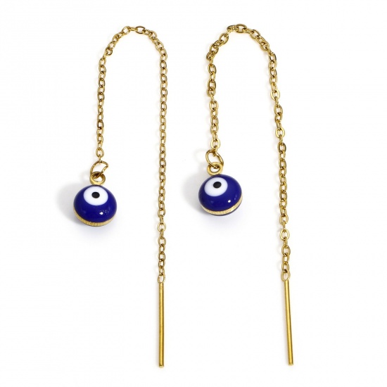 Picture of 1 Pair 304 Stainless Steel Religious Ear Thread Threader Earrings Gold Plated Dark Blue Round Evil Eye Double-sided Enamel 12cm x