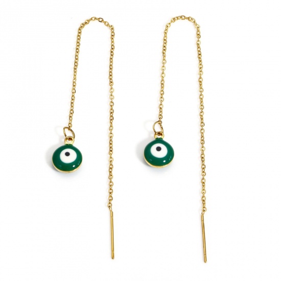 Picture of 1 Pair 304 Stainless Steel Religious Ear Thread Threader Earrings Gold Plated Green Round Evil Eye Double-sided Enamel 12.5cm x
